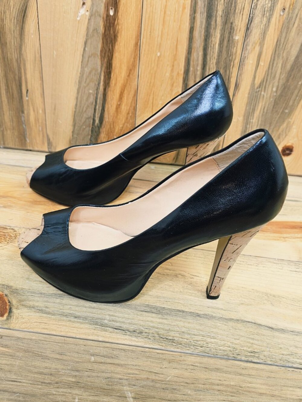 Preview International Sleek Black Platform Peep Toe Heels Size 11